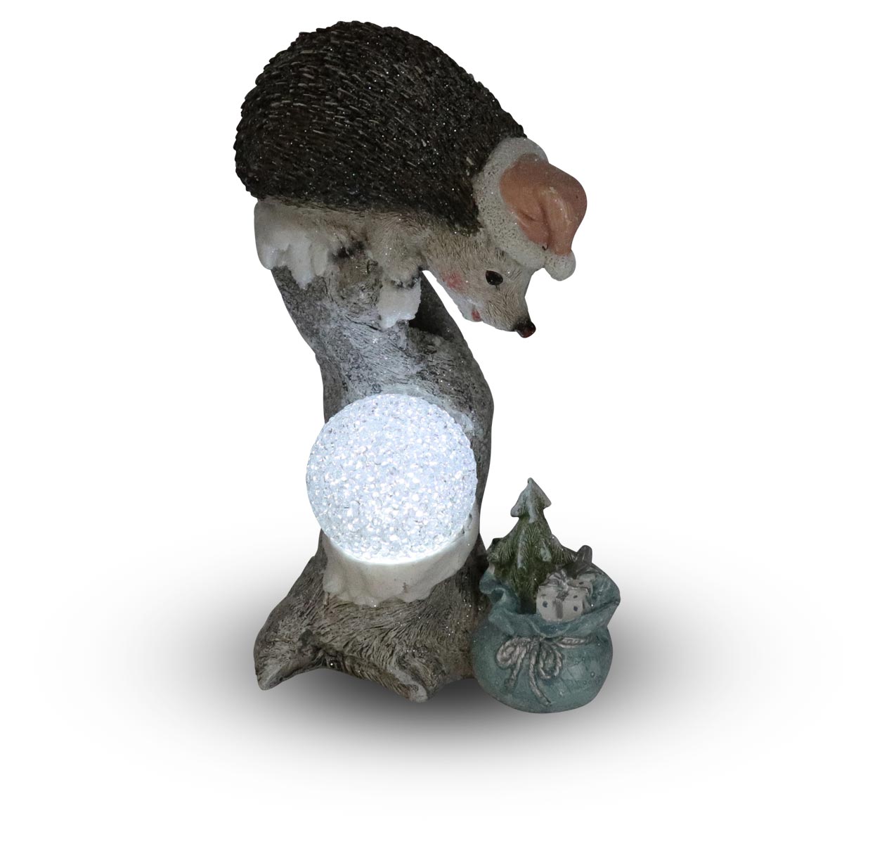 Hedgehog on perch with LED ball, 